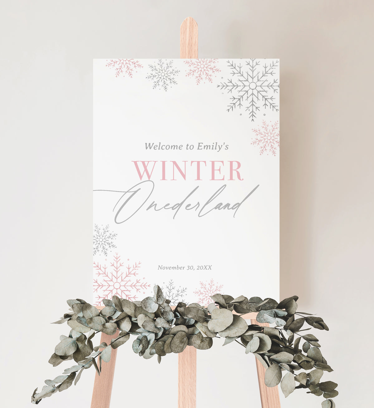 Editable Pink Snowflake Birthday Welcome Sign Template