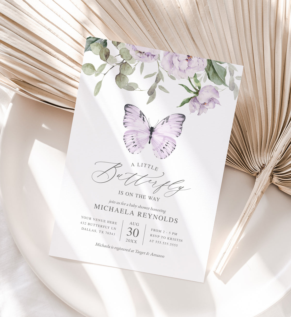 Editable Purple Butterfly Baby Shower Invitation Template