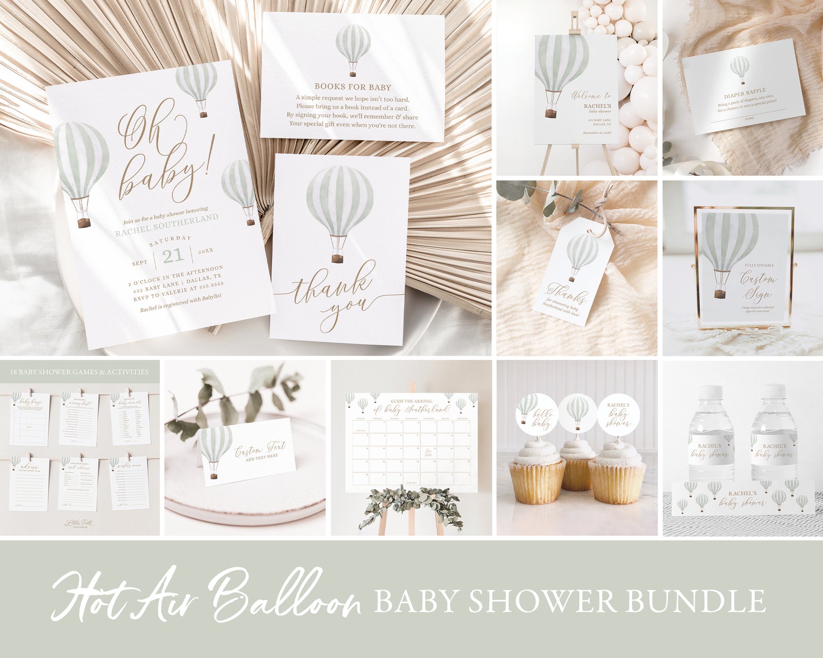Editable Green Hot Air Balloon Baby Shower Invitation Bundle
