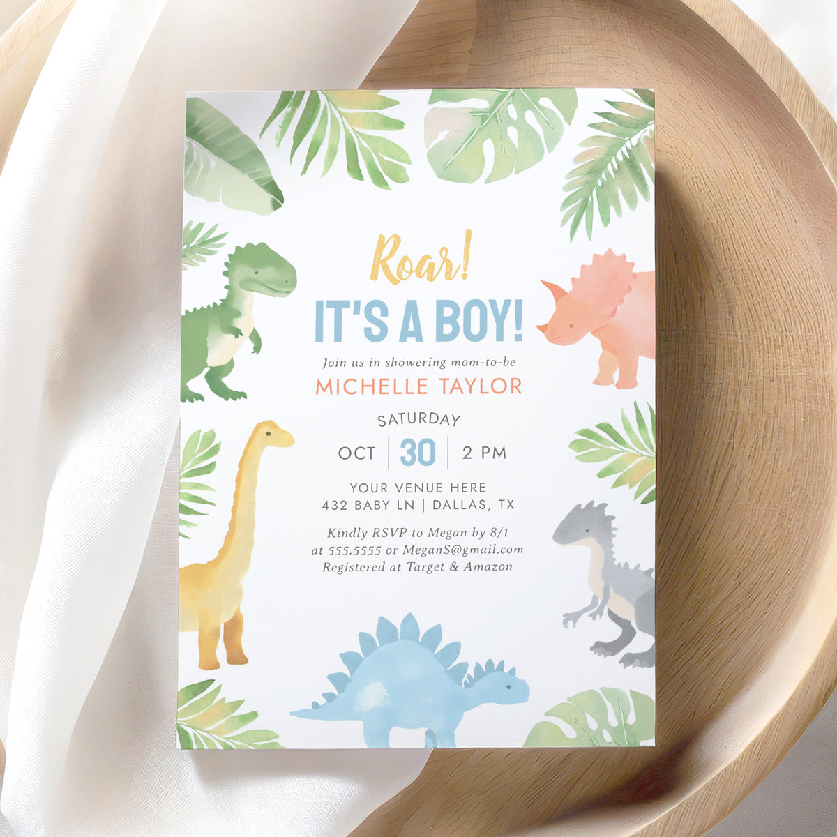 Watercolor Dinosaur Baby Shower Invitation Template