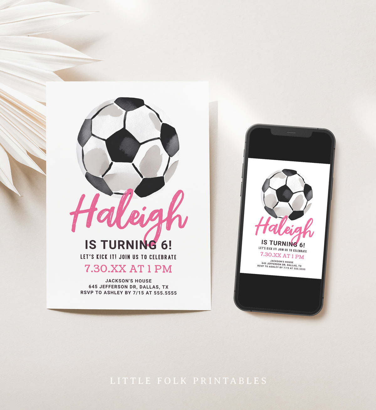 Editable Pink Soccer Birthday Invitation