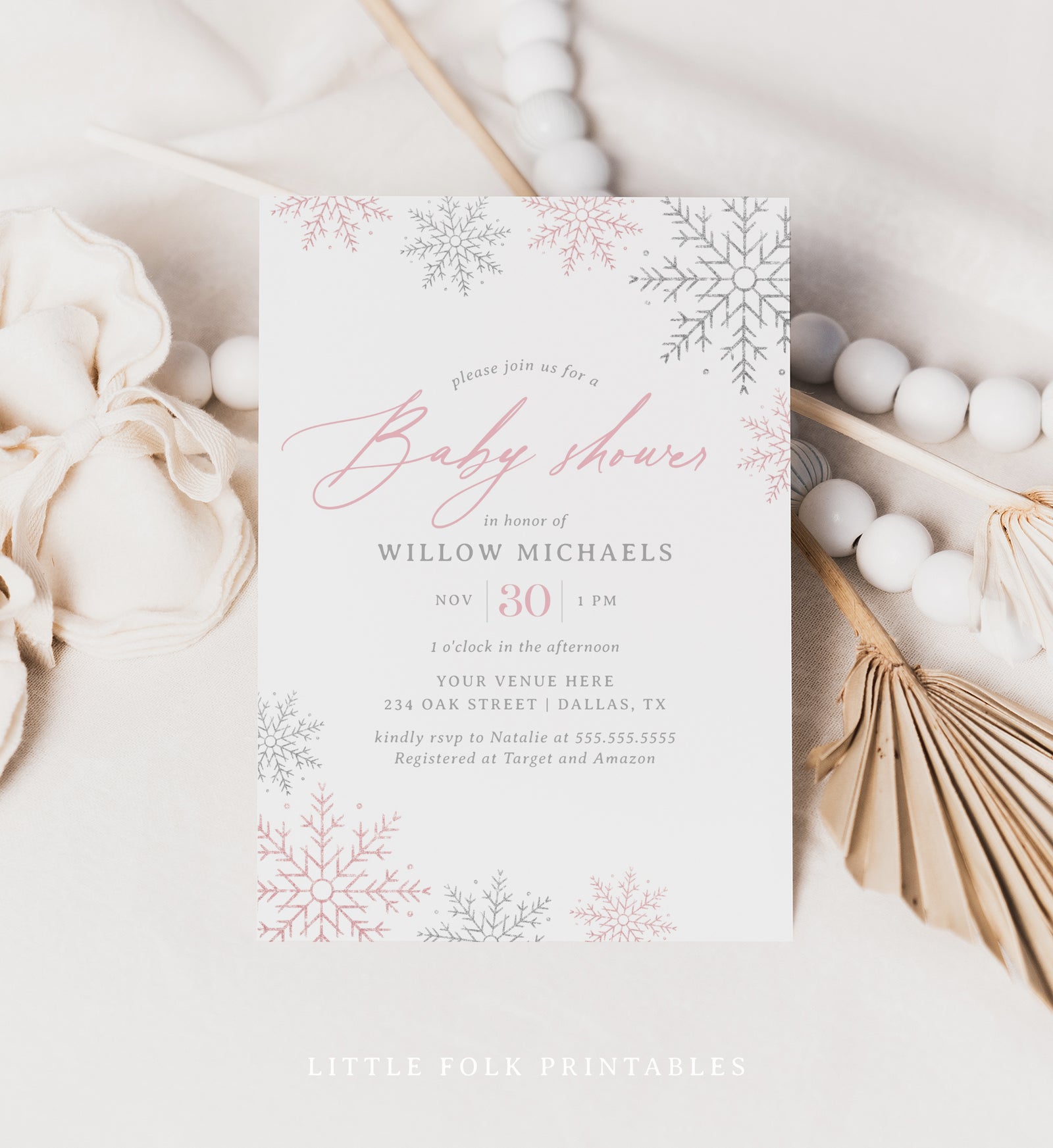 Pink Snowflake Baby Shower Invitation Template