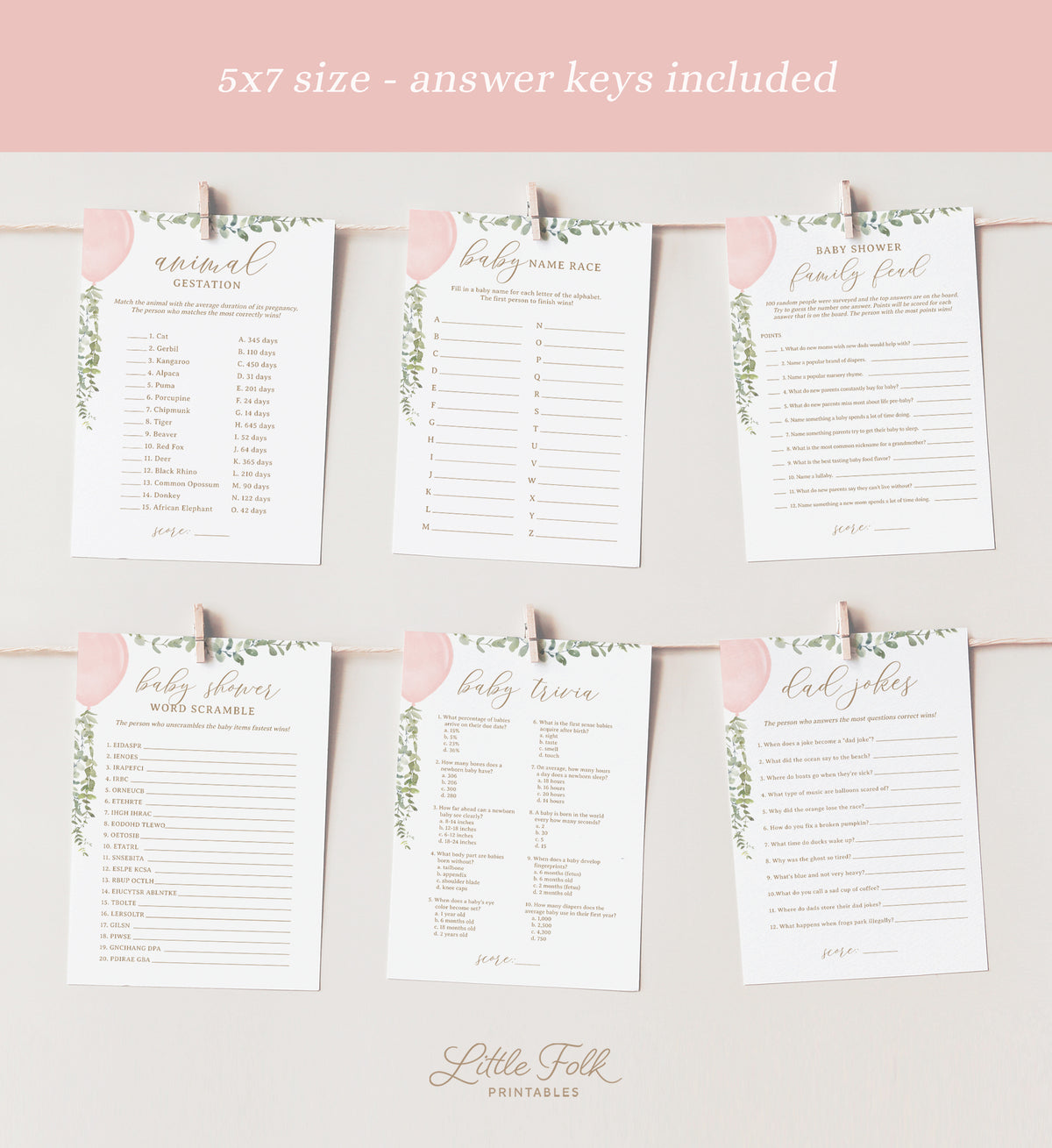 Editable Pink Balloon Baby Shower Games Bundle