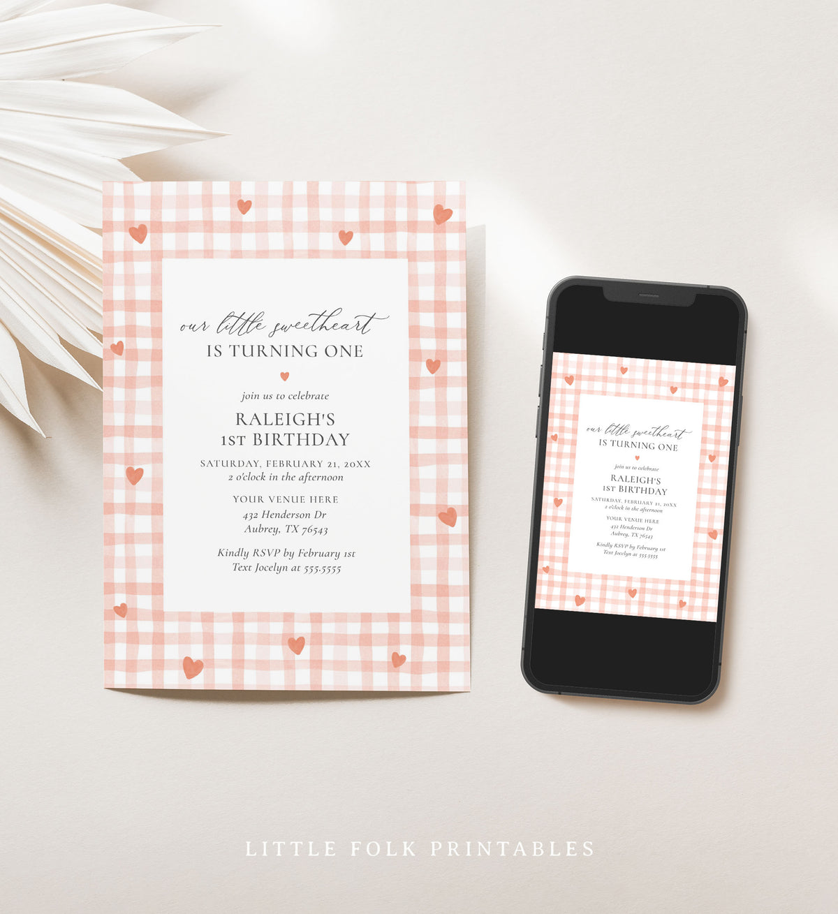 Editable Little Sweetheart Gingham Birthday Invitation Template