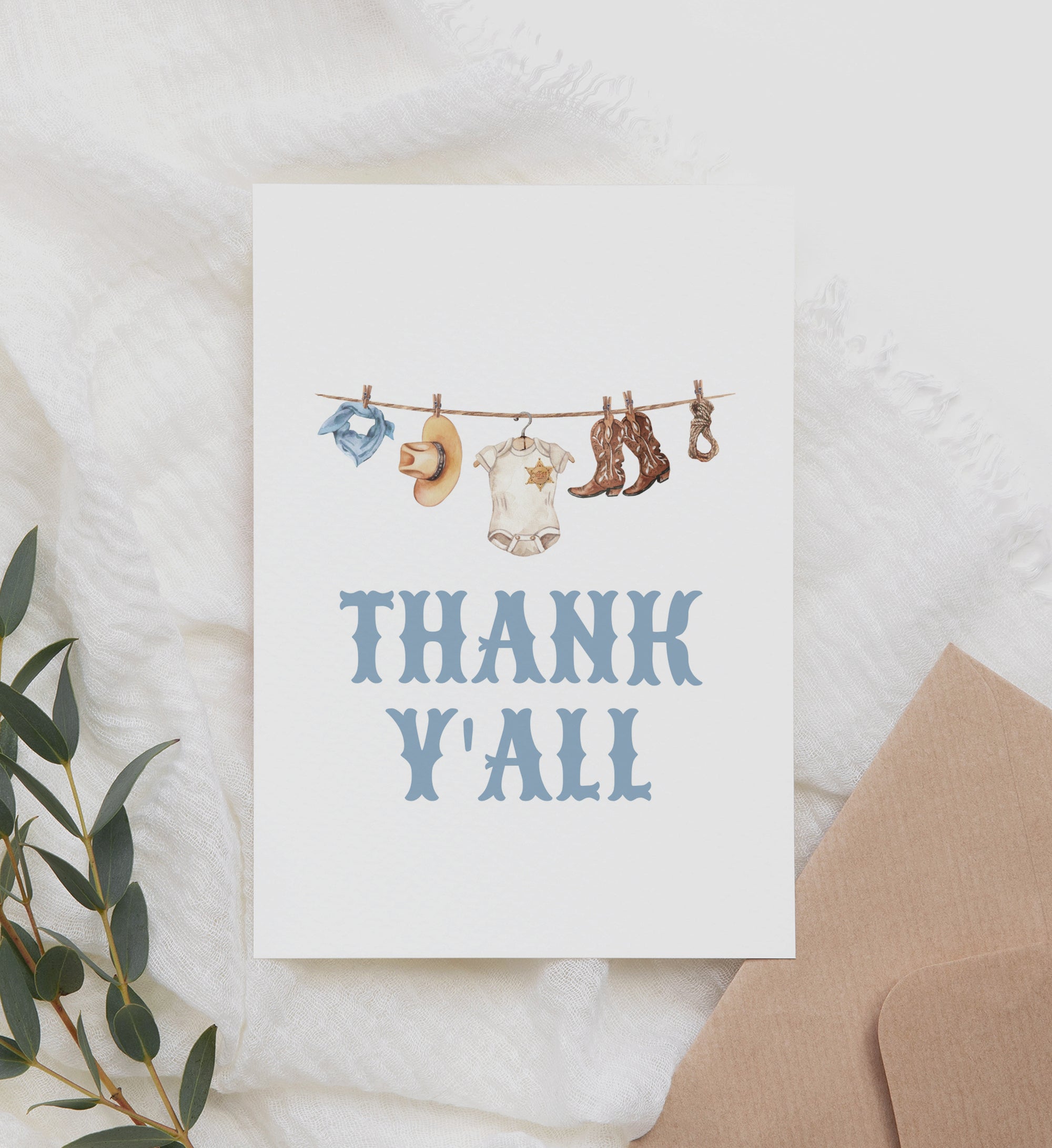 Cowboy Clothesline Baby Shower Folded Thank You Card Template