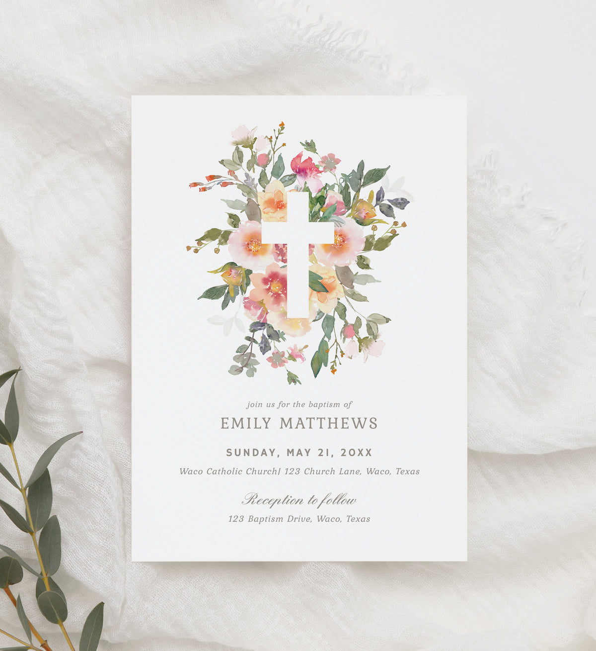 Editable Floral Cross Baptism Invitation Template