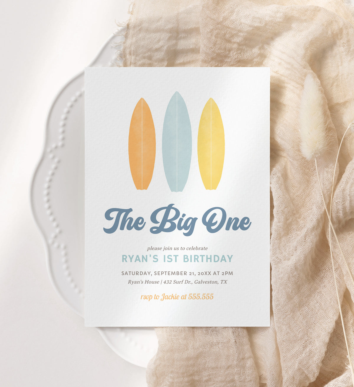 The Big One Surfboard Birthday Invitation Template