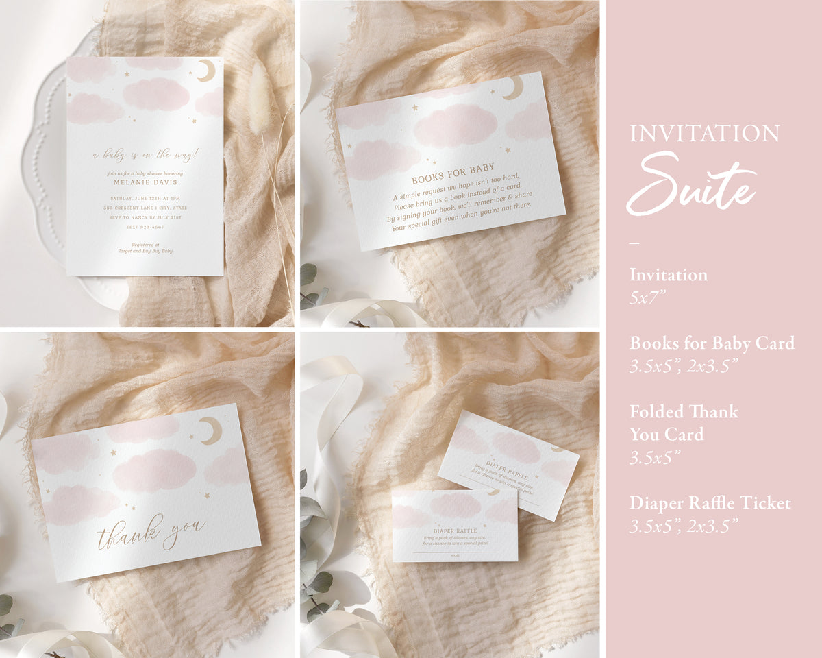 Editable Pink Over the Moon Baby Shower Invitation Bundle