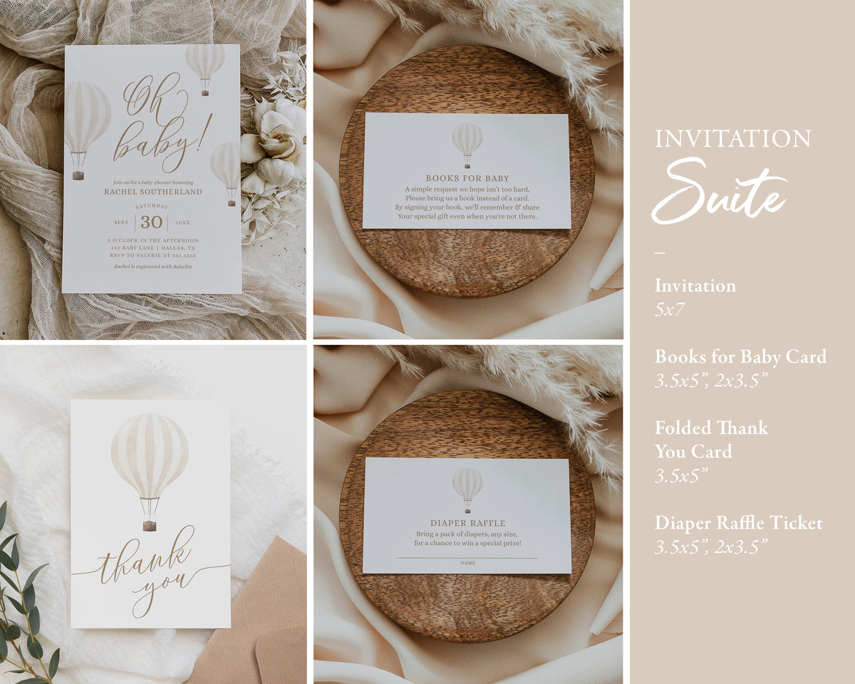 Editable Beige Hot Air Balloon Baby Shower Invitation Bundle