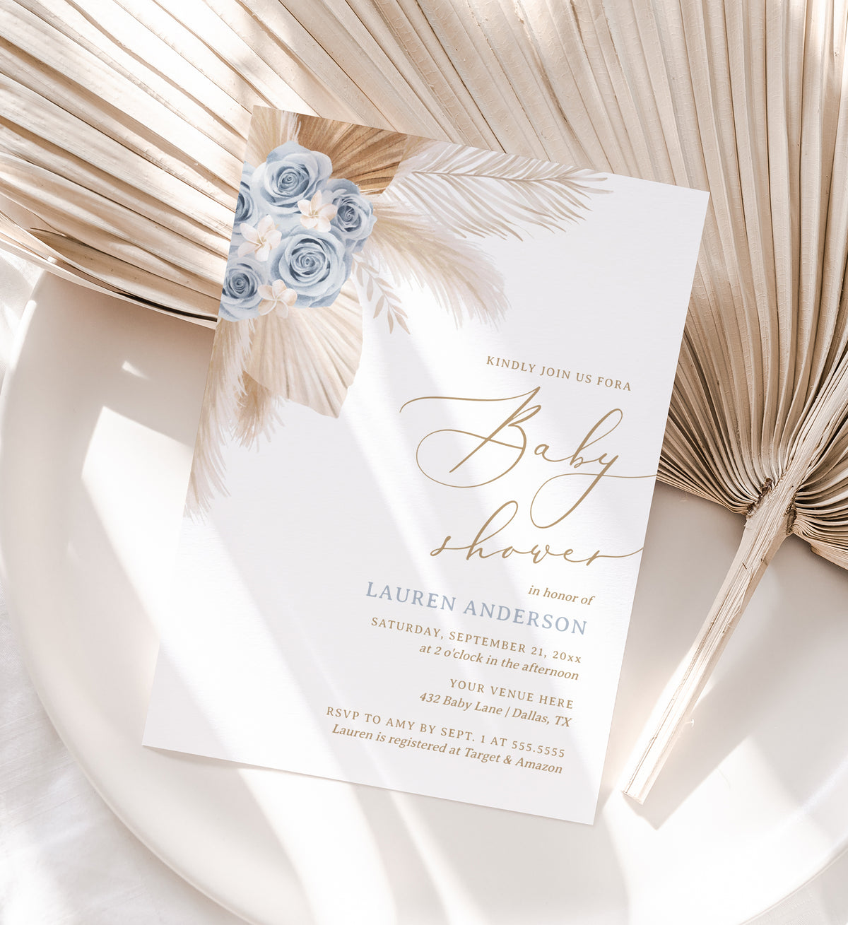Blue Floral Pampas Grass Baby Shower Invitation Template