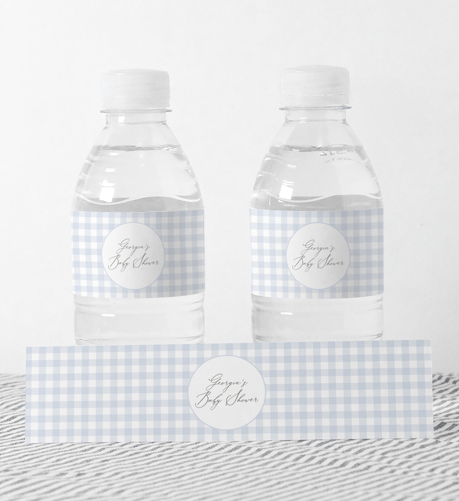 Editable Blue Gingham Baby Shower Water Bottle Label Template