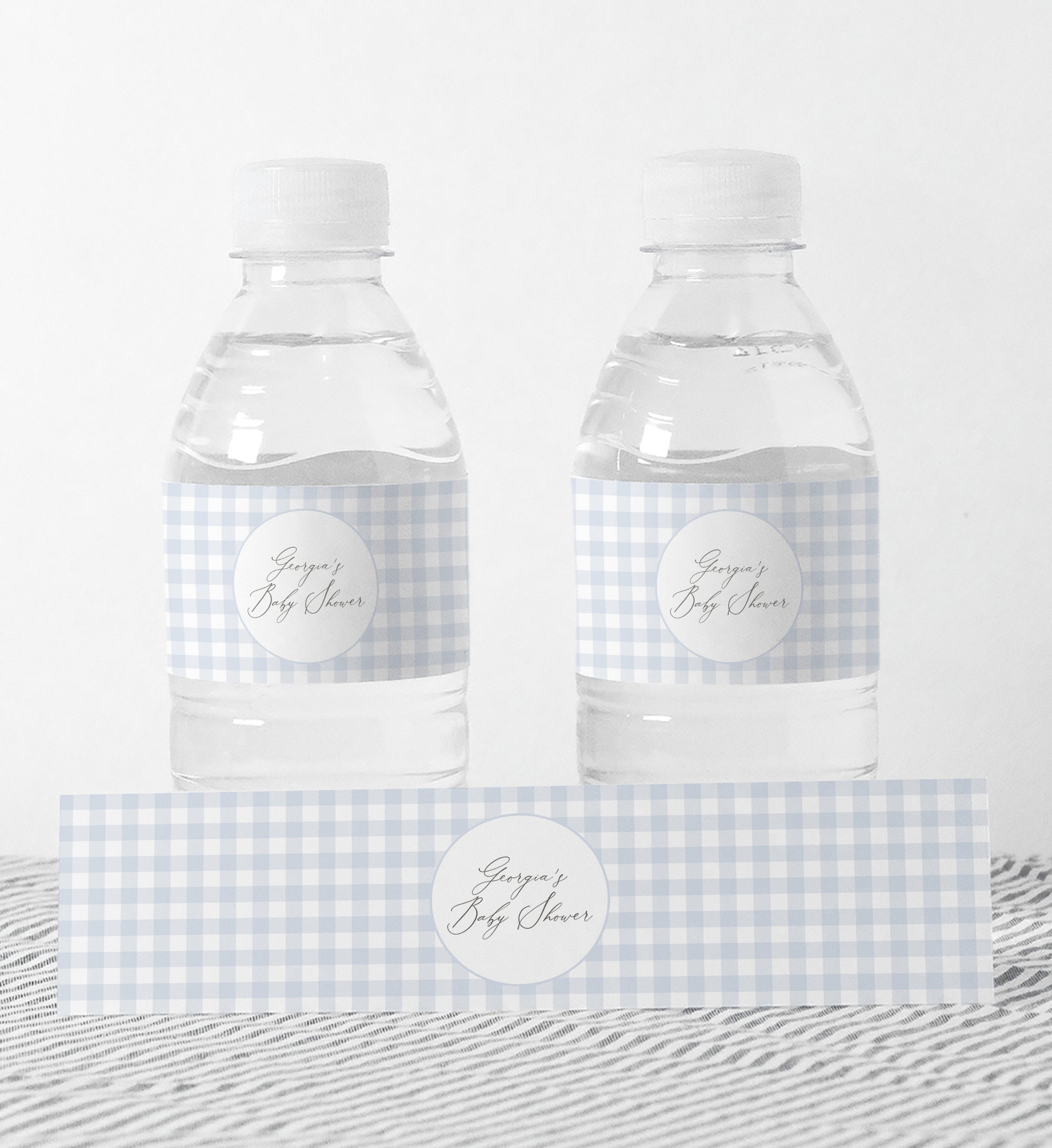 Editable Blue Gingham Baby Shower Water Bottle Label Template