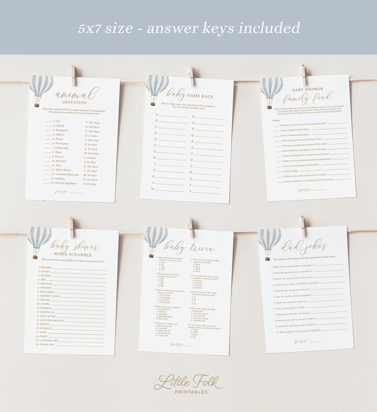 Editable Blue Hot Air Balloon Baby Shower Games Bundle