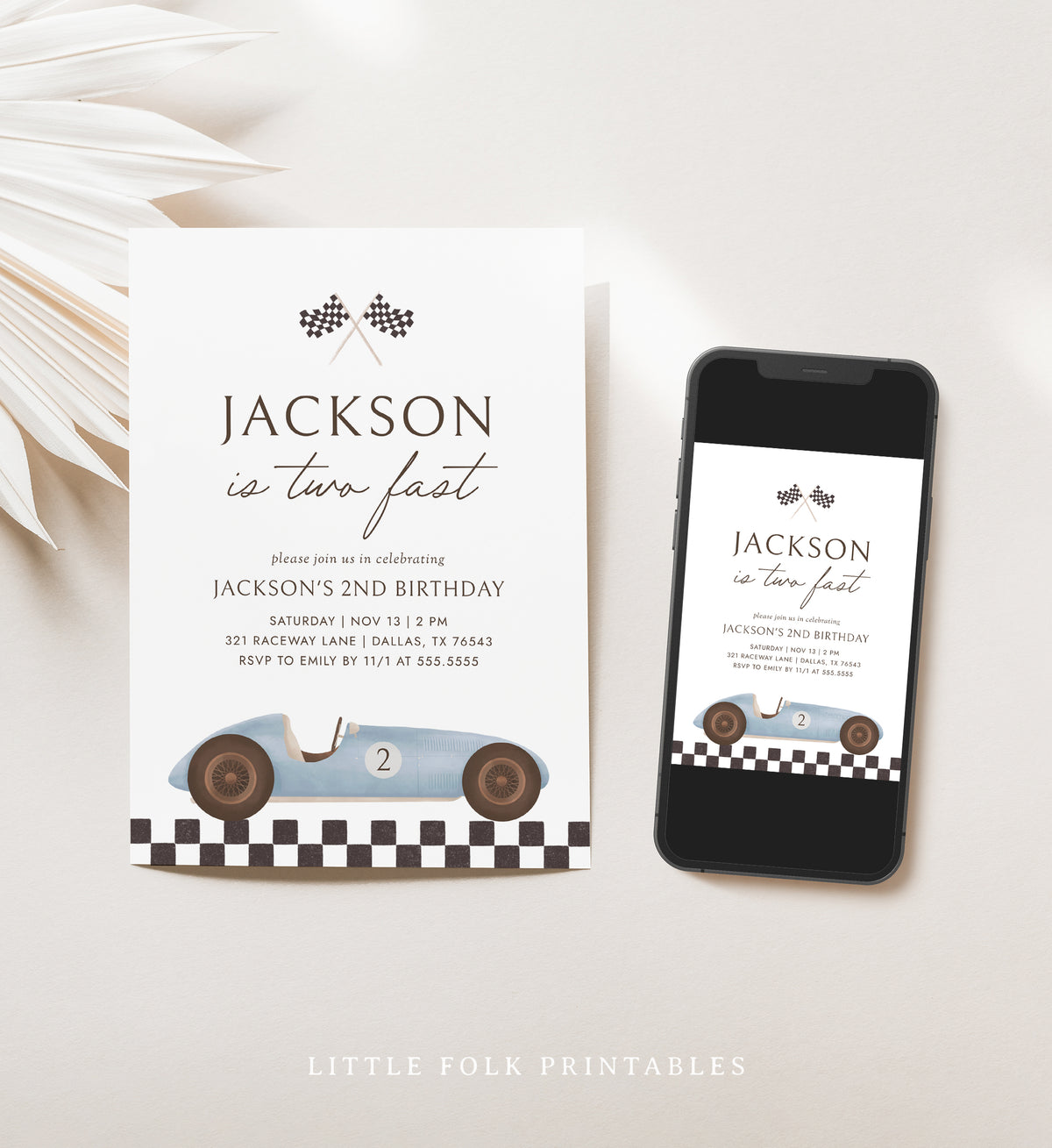 Editable Vintage Race Car 2nd Birthday Invitation Template