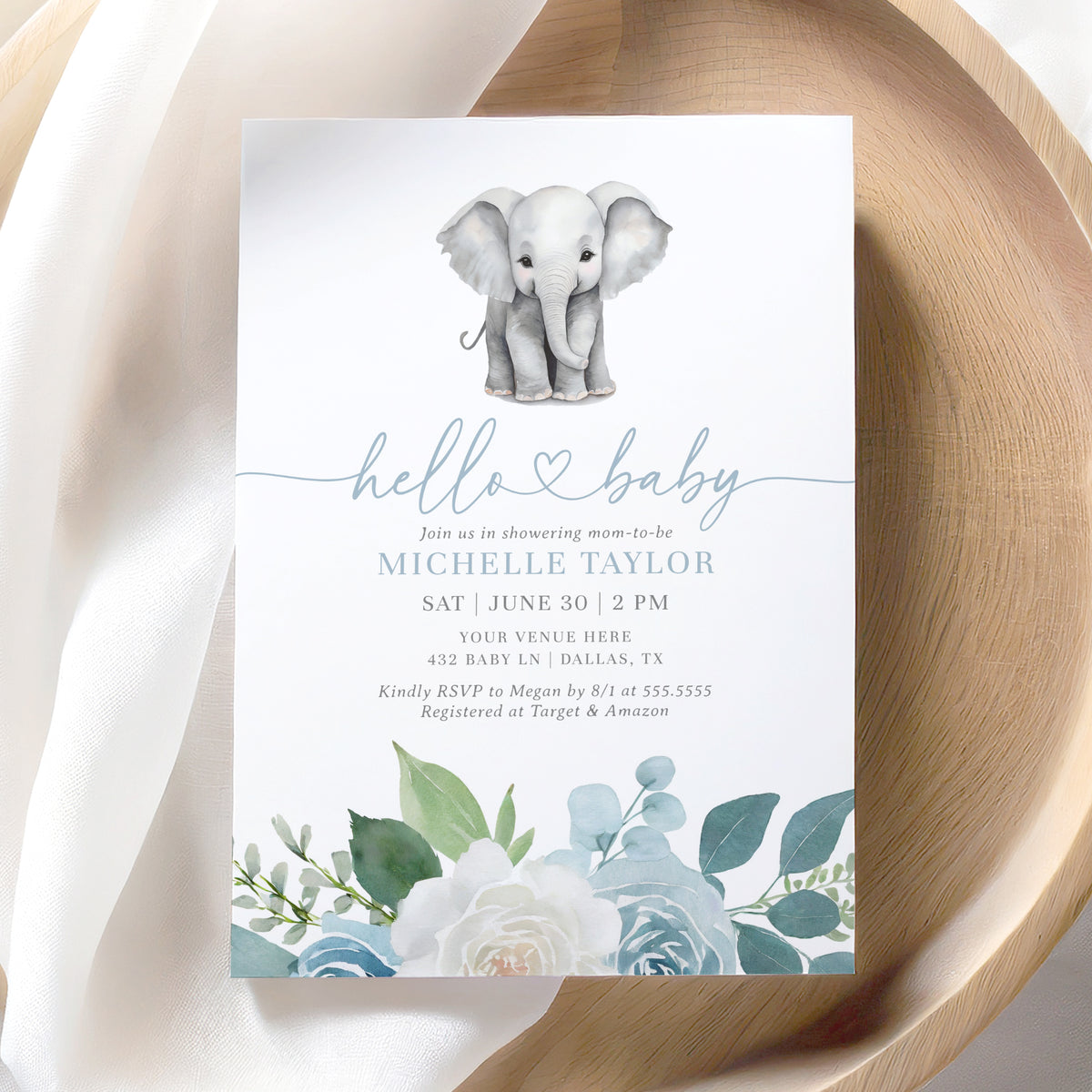 Blue Floral Elephant Baby Shower Invitation Template