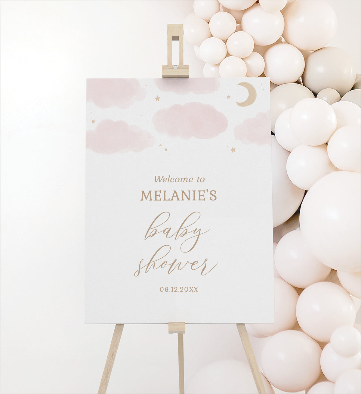 Editable Pink Moon and Stars Baby Shower Welcome Sign Template