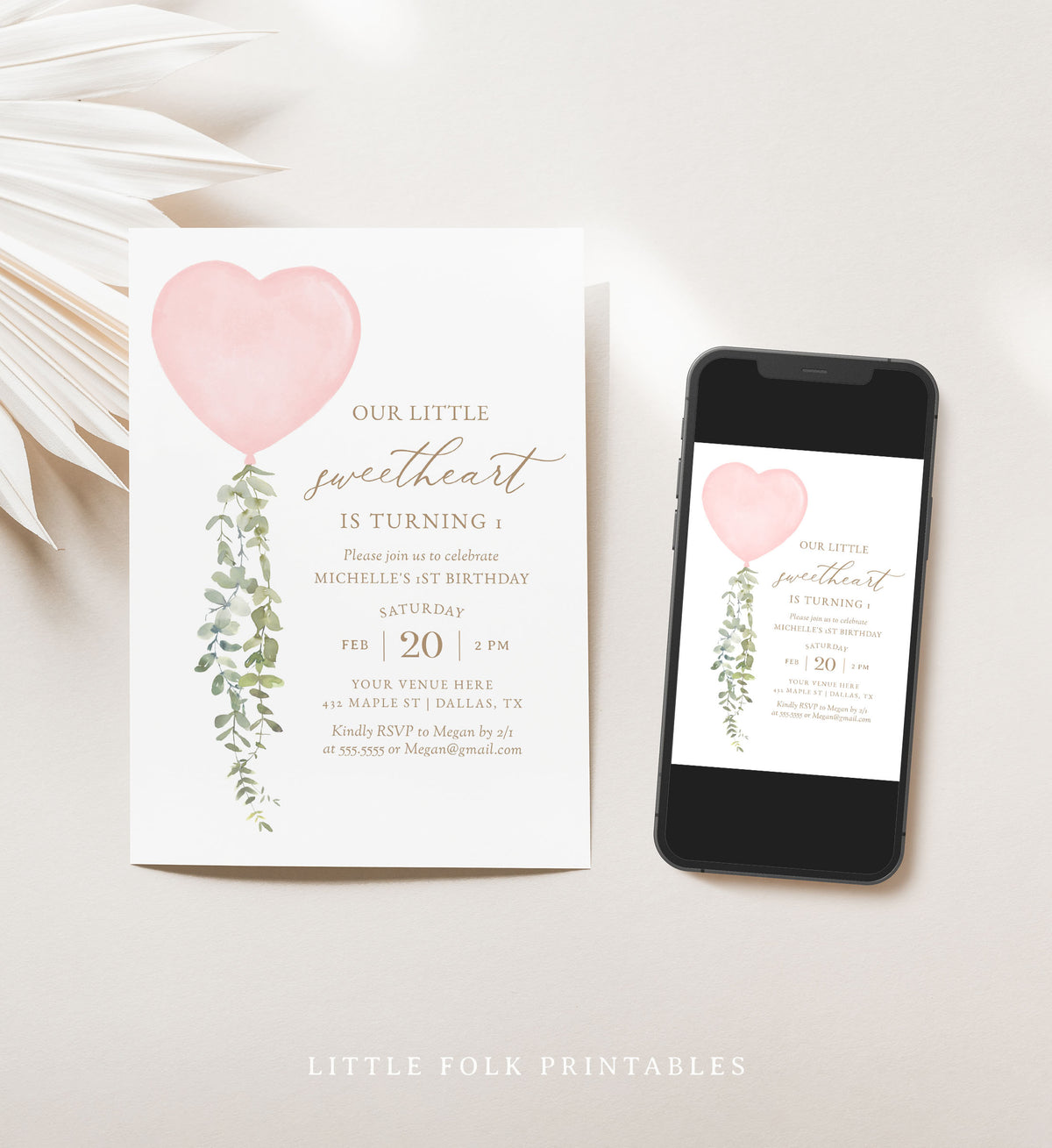 Little Sweetheart Pink Balloon Birthday Invitation