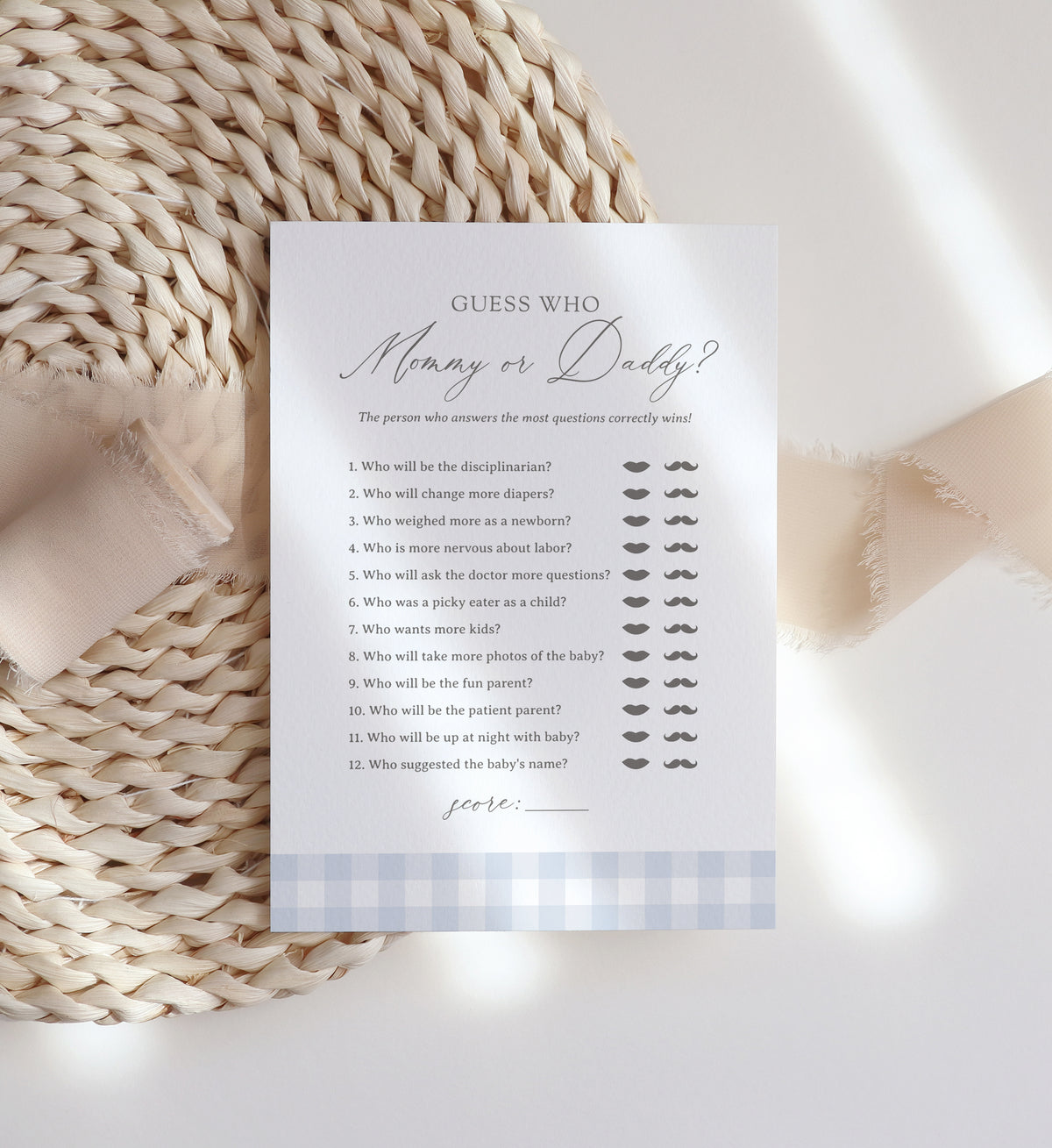 Editable Blue Gingham Baby Shower &quot;Guess Who? Mommy or Daddy&quot; Template