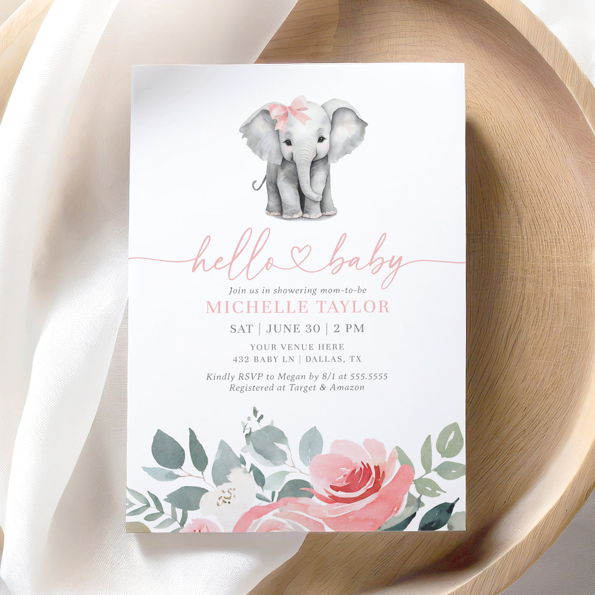 Pink Floral Elephant Baby Shower Invitation