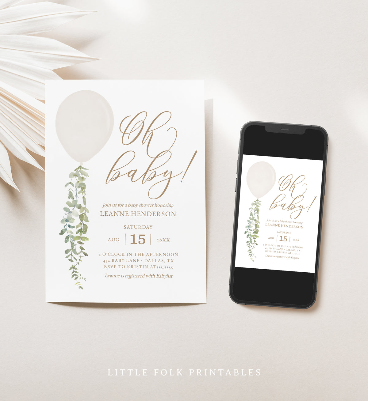 Editable White Balloon Baby Shower Invitation Template