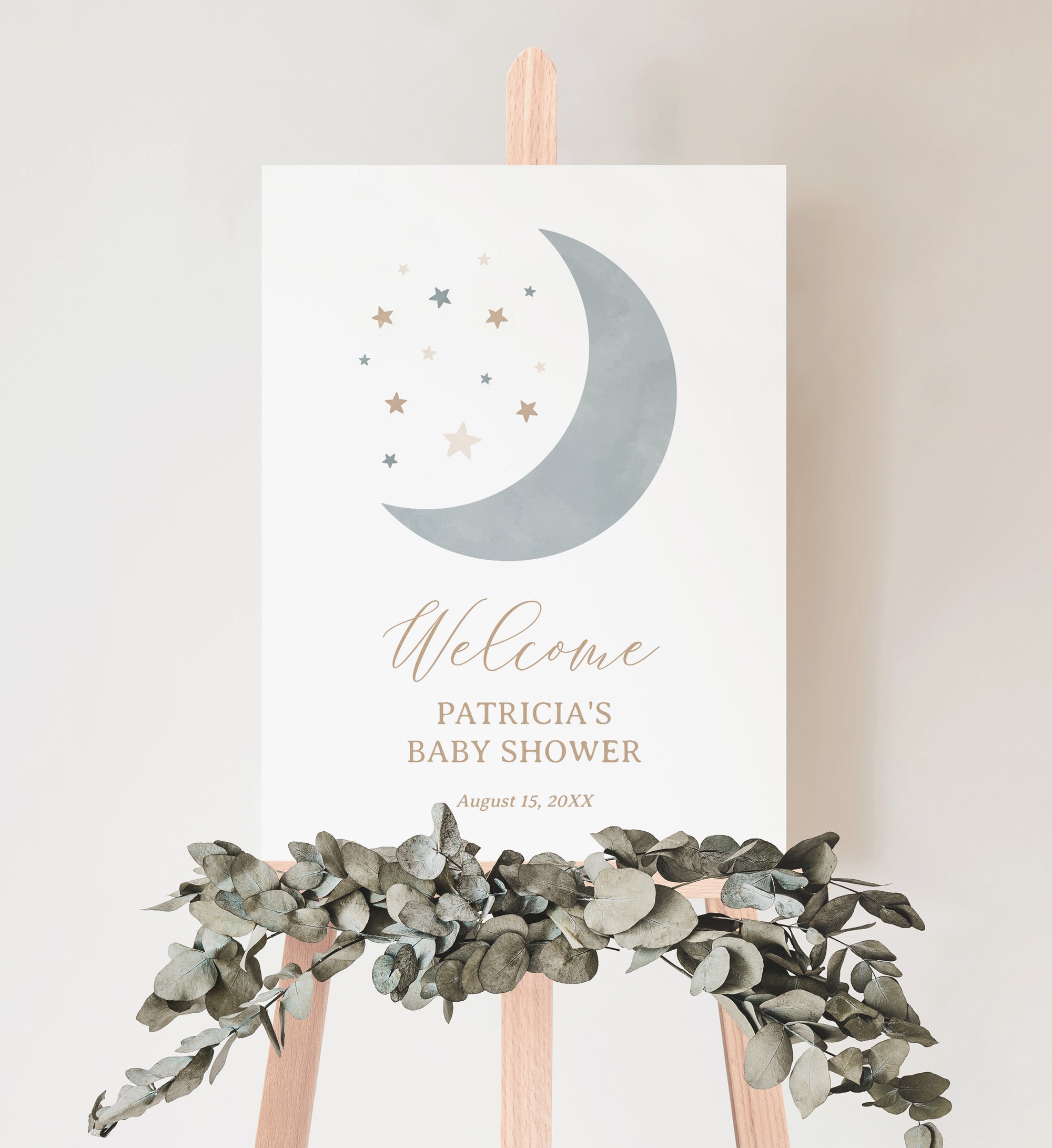 Editable Blue Over the Moon Baby Shower Welcome Sign Template