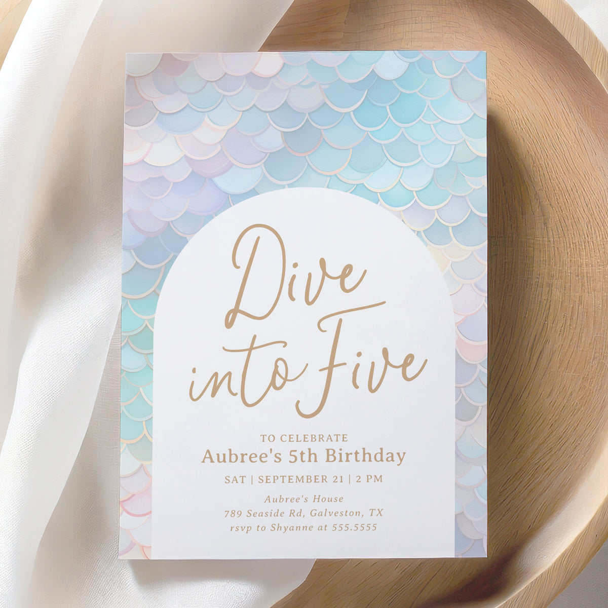 Editable Mermaid Scales 5th Birthday Invitation Template