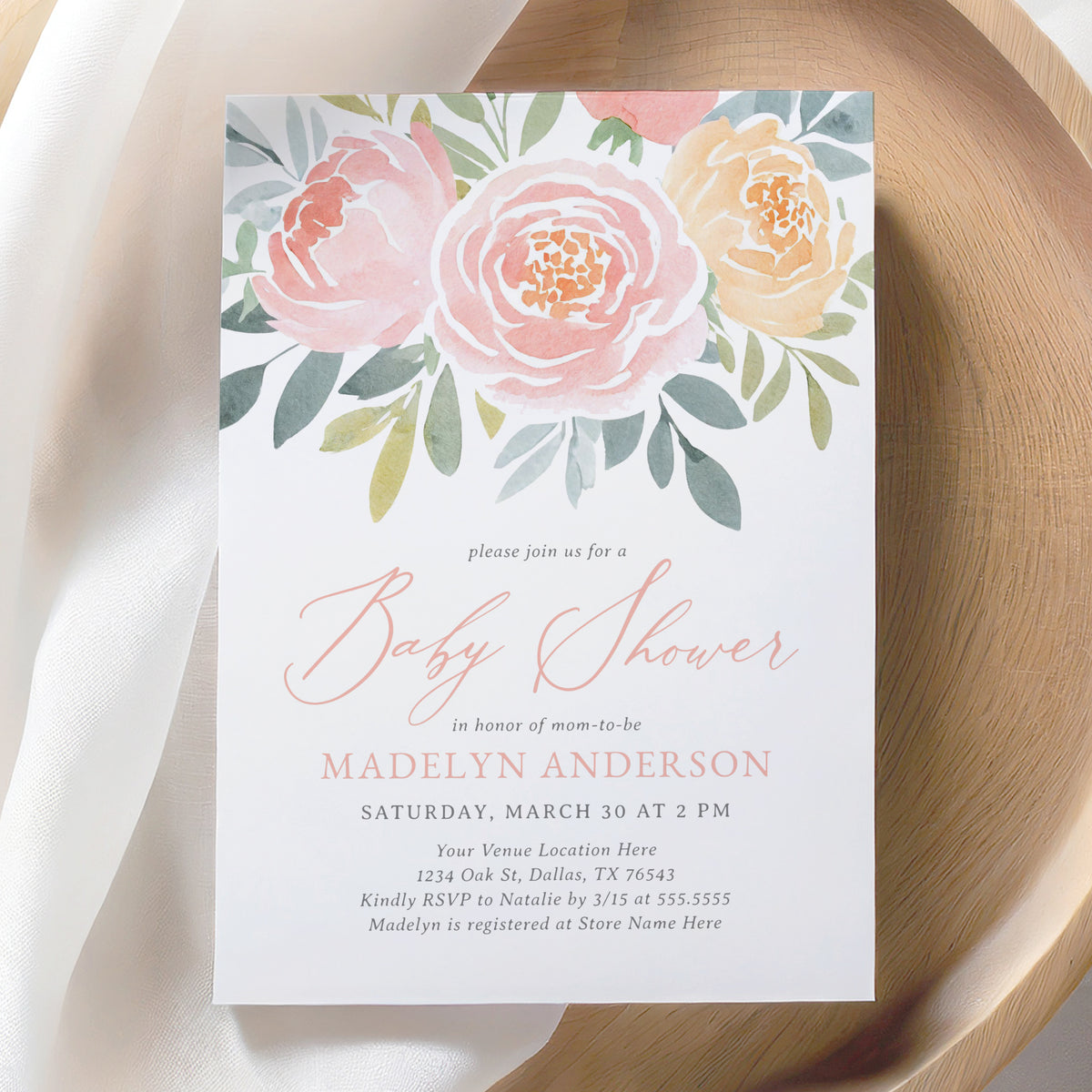 Blush and Peach Floral Baby Shower Invitation