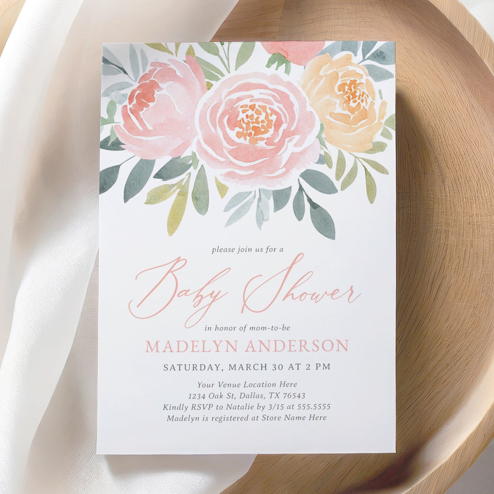 Blush and Peach Floral Baby Shower Invitation