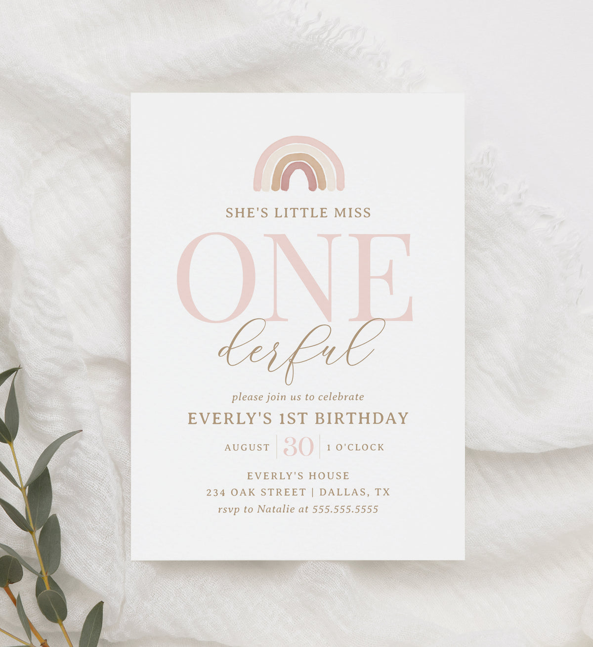 Editable Pink Rainbow 1st Birthday Invitation Template