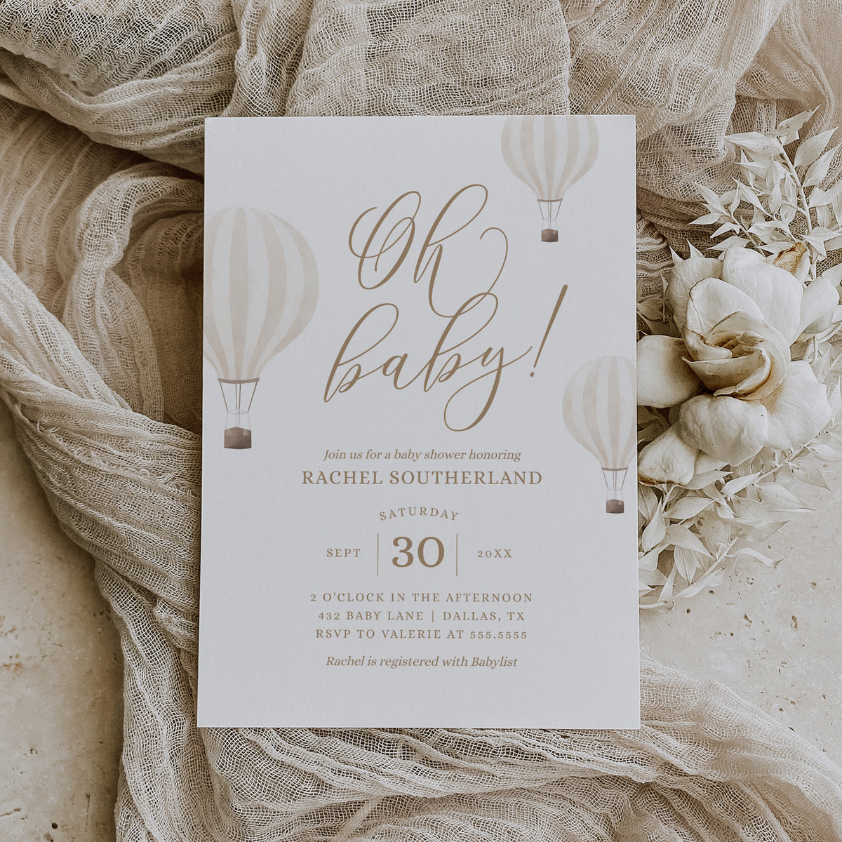 Editable Beige Hot Air Balloon Baby Shower Invitation Template
