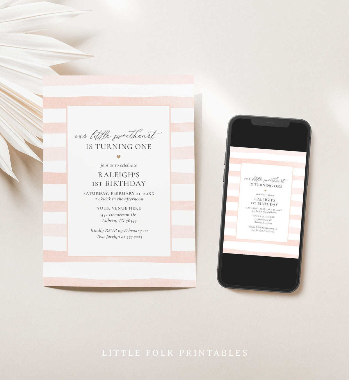 Pink Watercolor Stripe Little Sweetheart Birthday Invitation