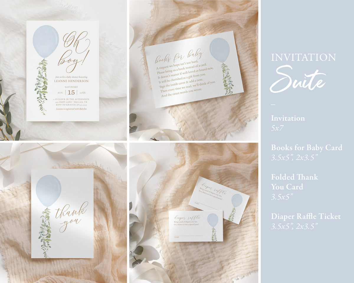 Editable Blue Balloon Baby Shower Invitation Bundle