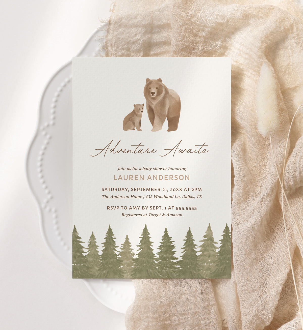 Editable Woodland Bear Baby Shower Invitation Template