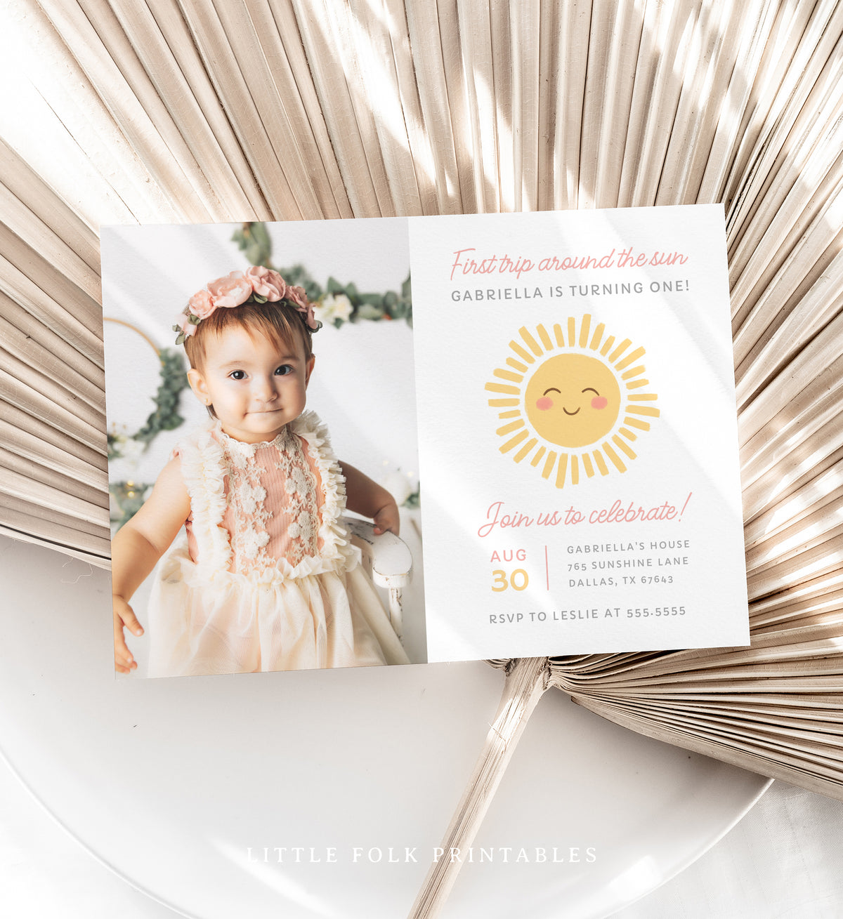 Editable Sunshine Photo 1st Birthday Party Invitation Template