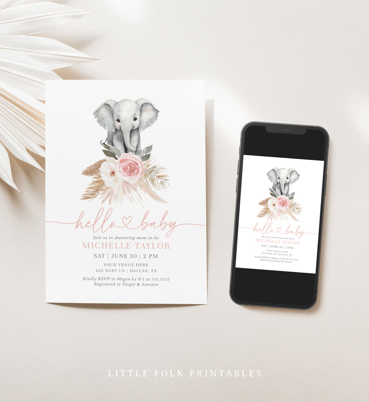 Pink Floral Pampas Grass Elephant Baby Shower Invitation