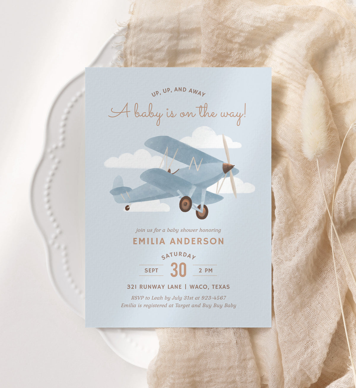 Editable Airplane Baby Shower Invitation Suite Template - Set of 3