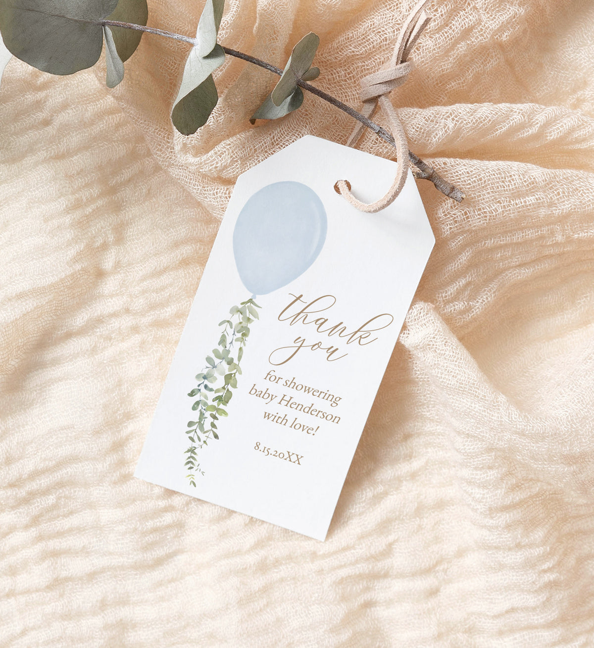 Editable Blue Balloon Baby Shower Rectangle Favor Tag Template