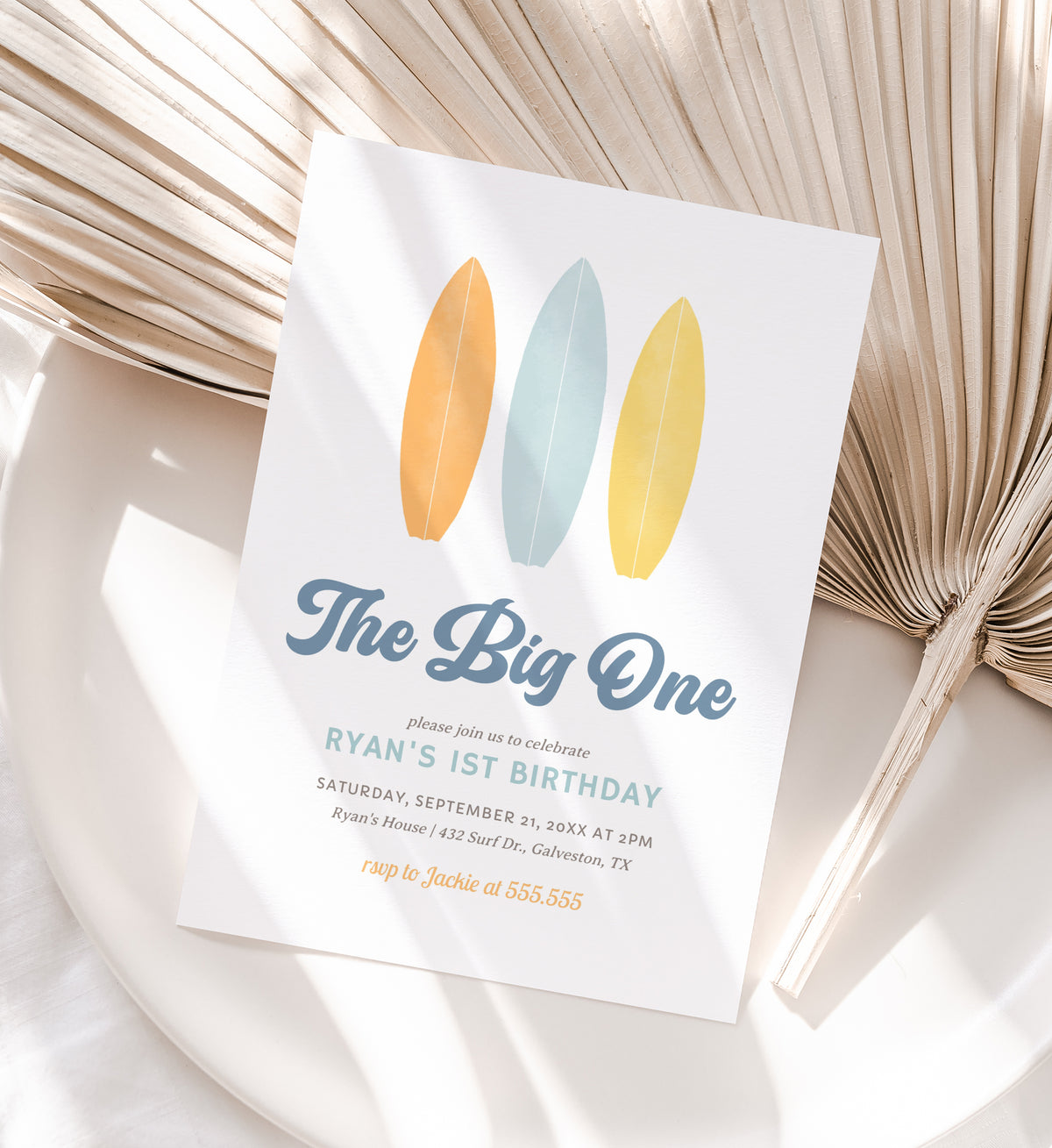 The Big One Surfboard Birthday Invitation Template