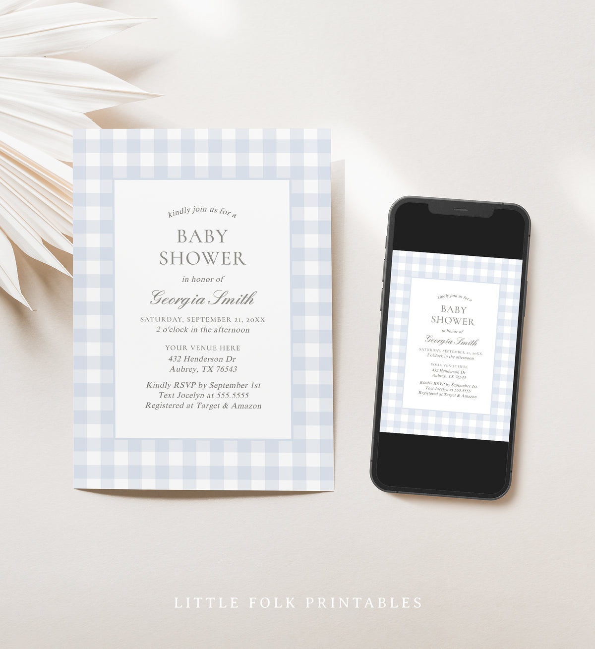 Editable Blue Gingham Baby Shower Invitation Template