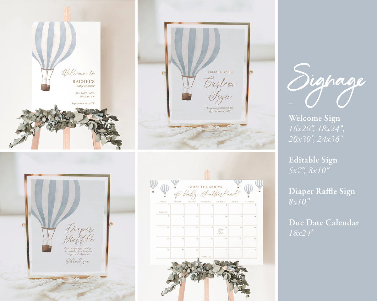 Editable Blue Hot Air Balloon Baby Shower Invitation Bundle