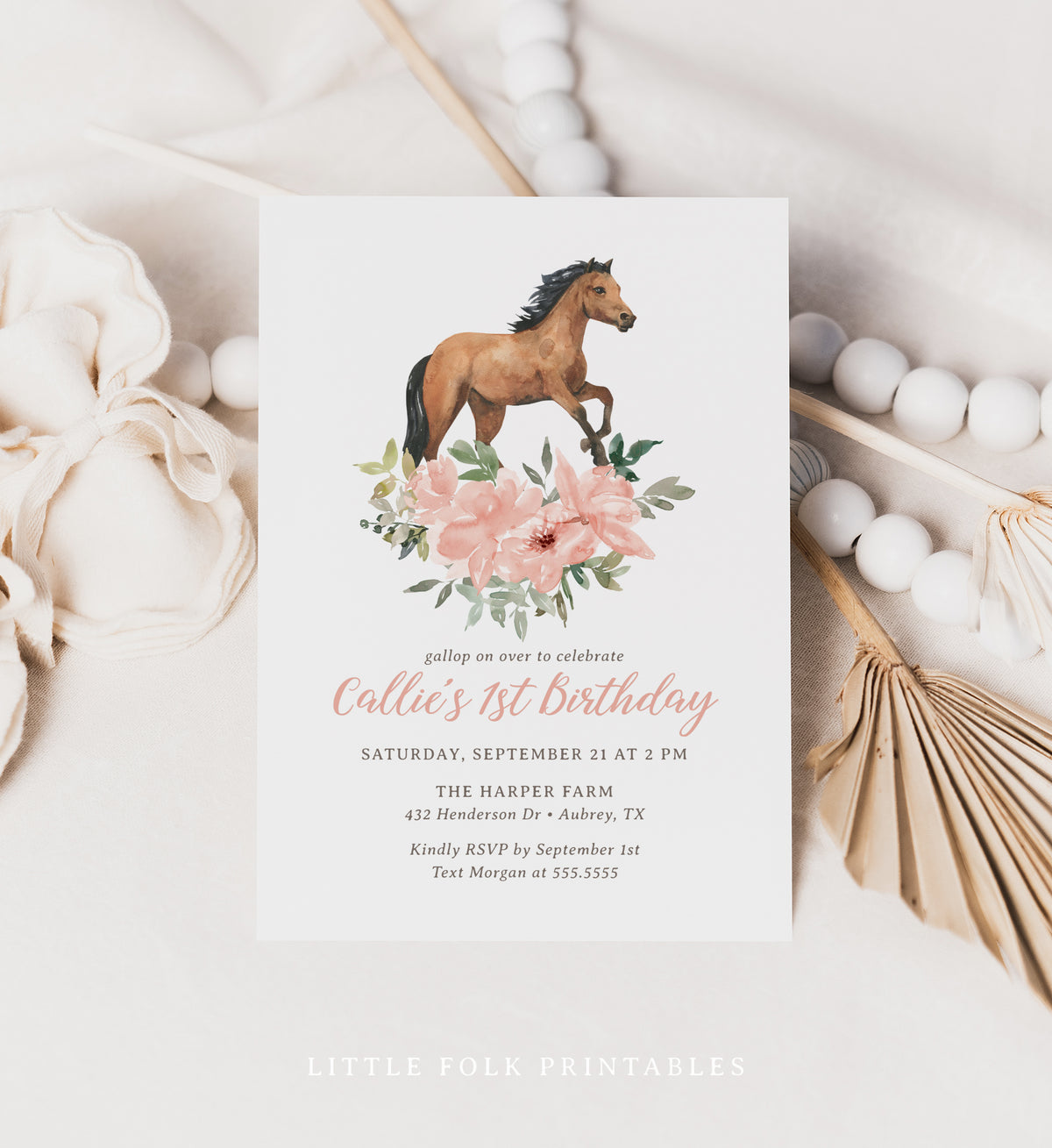 Editable Floral Horse Birthday Party Invitation Template