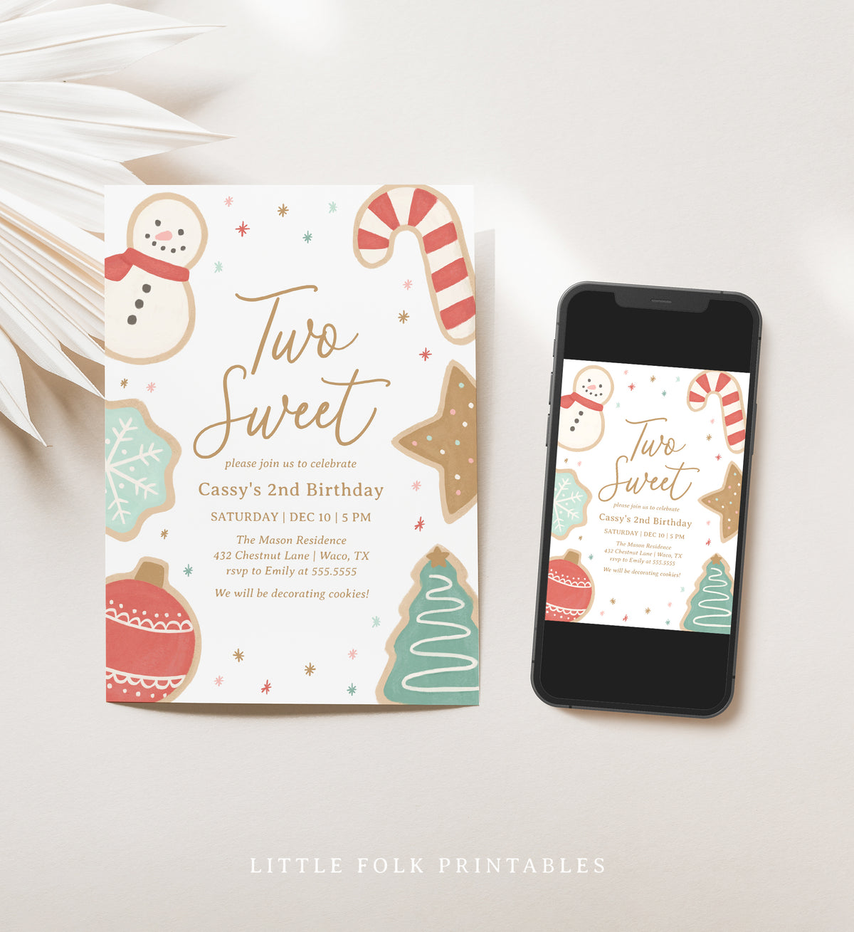 Editable Two Sweet Christmas Cookie Birthday Invitation Template