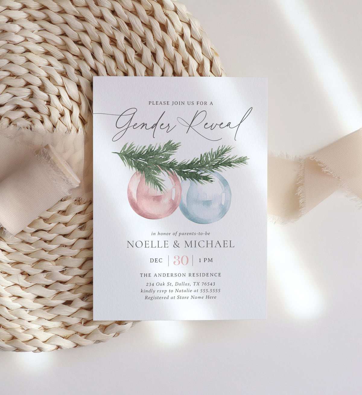 Editable Winter Ornament Gender Reveal Invitation Template