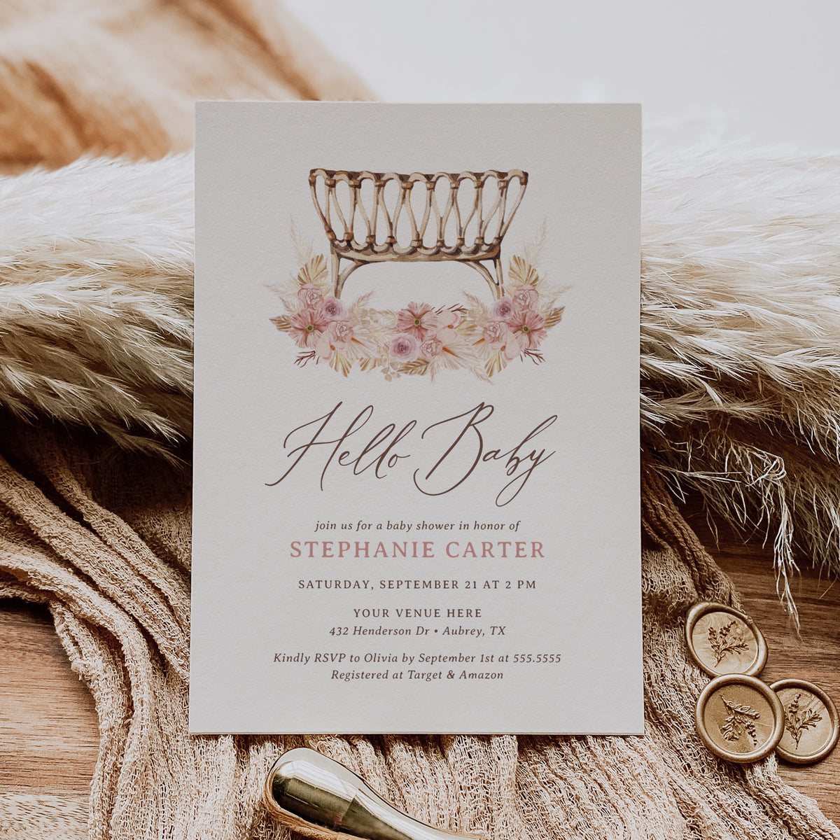 Boho Bassinet Baby Shower Invitation