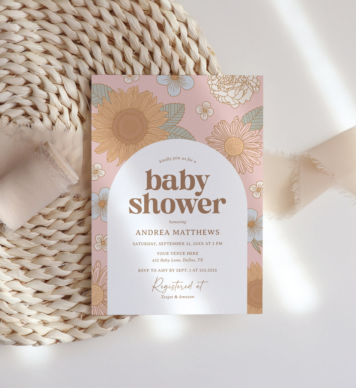 Editable Retro Wildflower Baby Shower Invitation Template