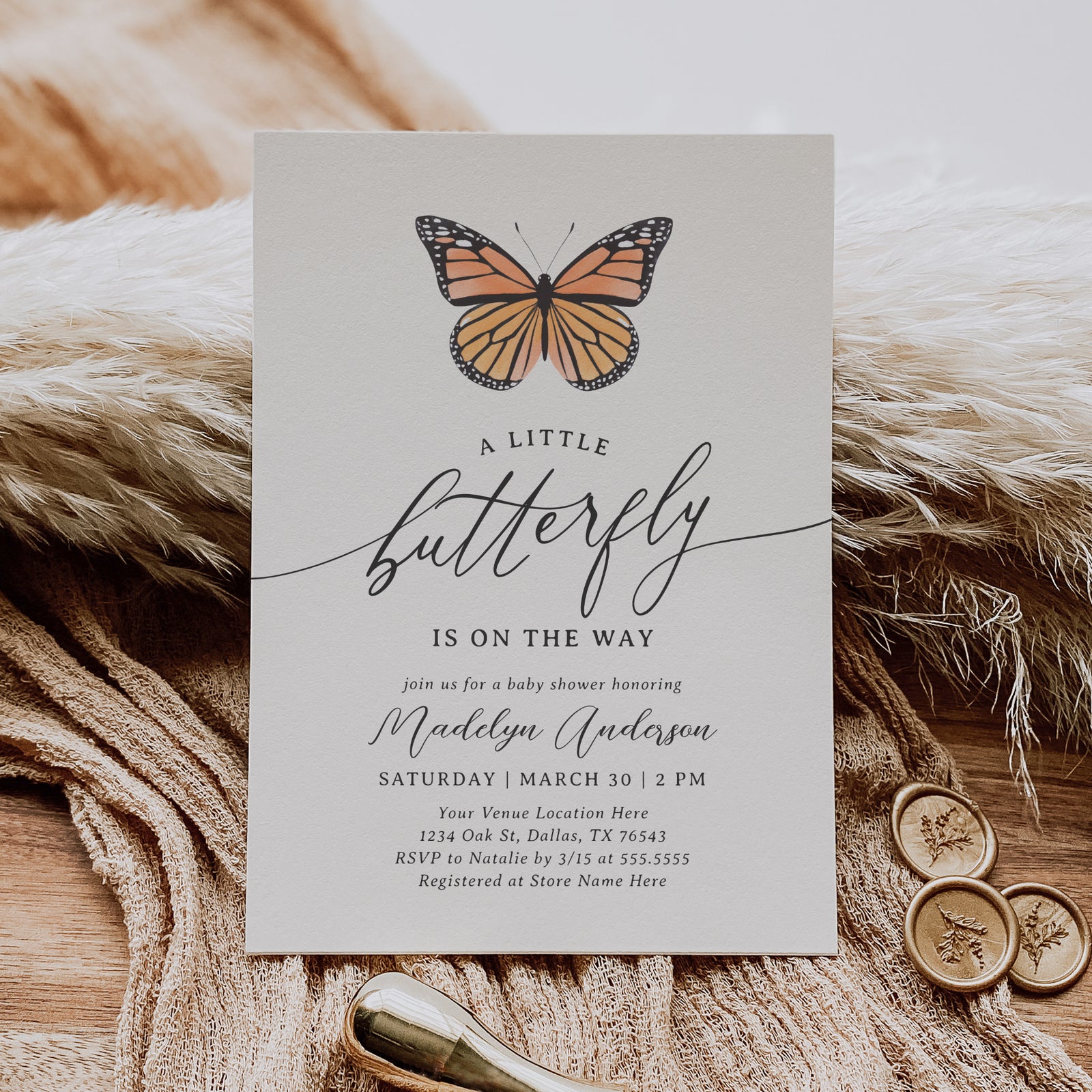 Editable Monarch Butterfly Baby Shower Invitation Template