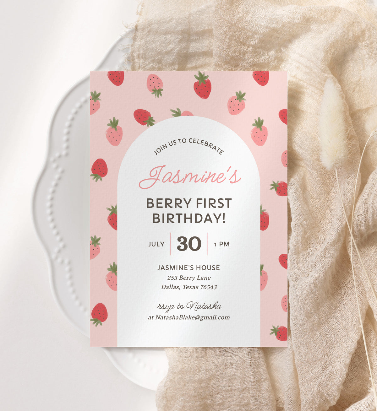 Editable Strawberry Birthday Party Invitation Template