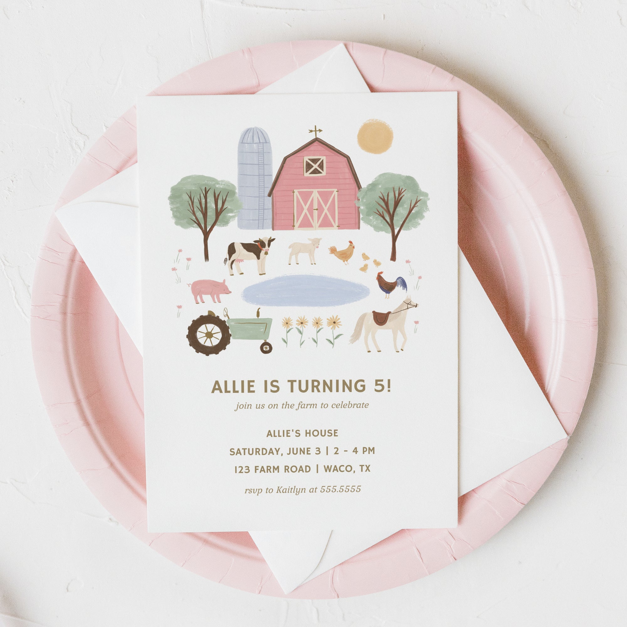 Editable Pink Farm Birthday Party Invitation Template