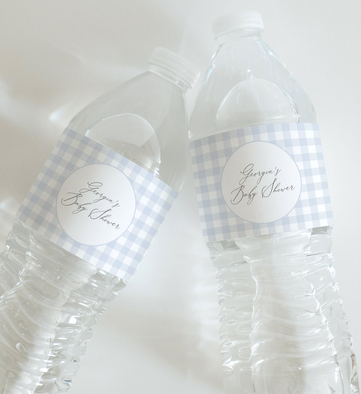 Editable Blue Gingham Baby Shower Water Bottle Label Template
