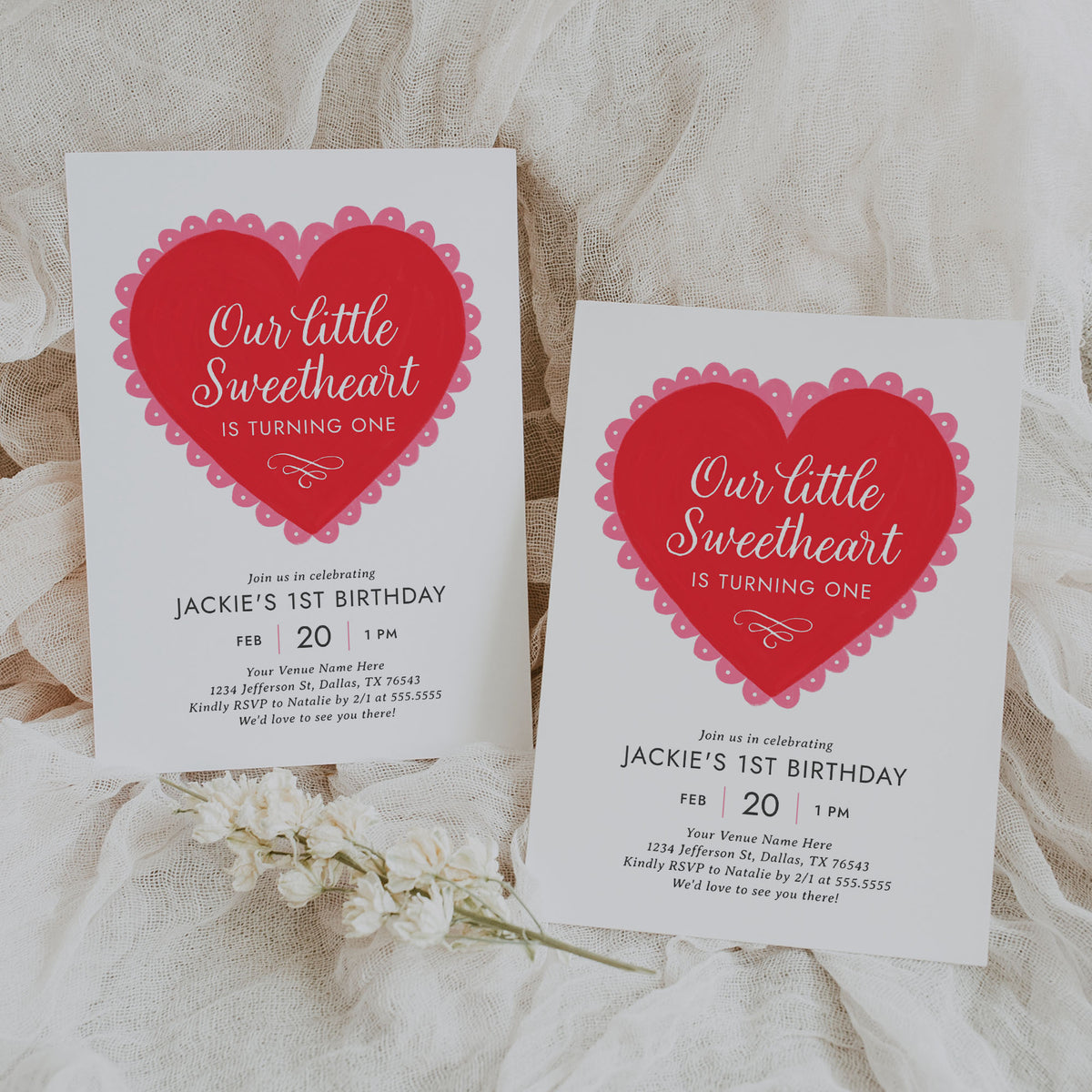 Little Sweetheart Red Lace Heart Birthday Invitation